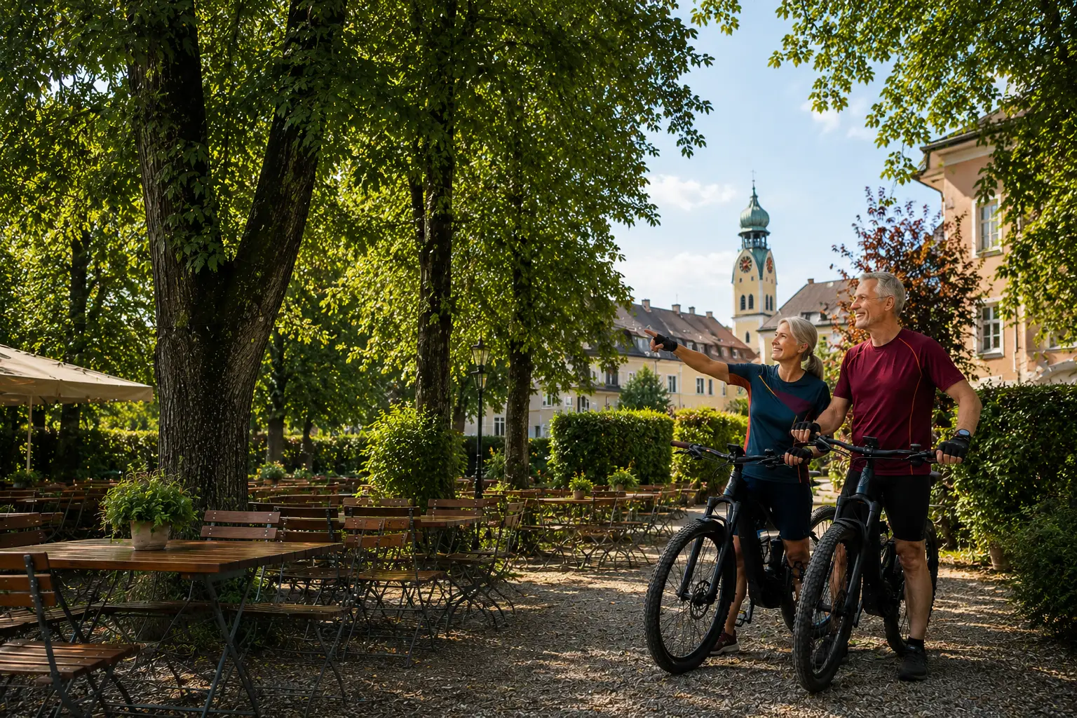 Das Bild zeigt ein Ehepaar, beide fahren Rad. Die Frau zeigt mit ihrem rechten Arm auf den Schriftzug "Rentenantrag & Altersrente in Rosenheim".
